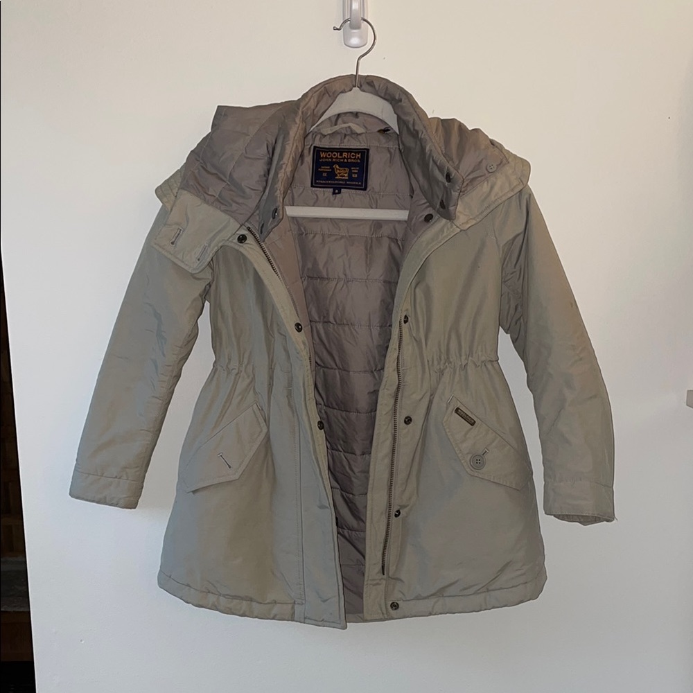 Woolrich Tan Puffer Jacket with Hood and Cinched Waist